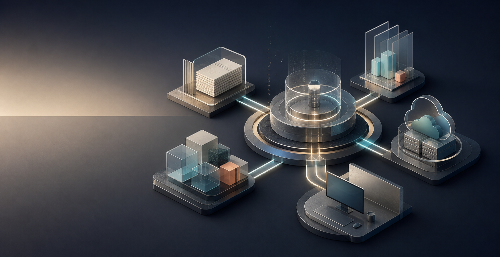 Connected business systems linking records, analytics, cloud infrastructure and offline operations